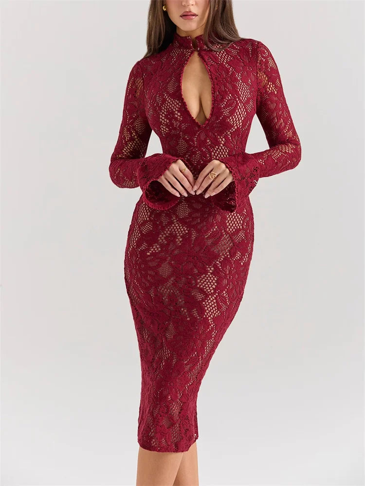 V - Neck Hollow Out Long Sleeve Black Lace Maxi Dress
