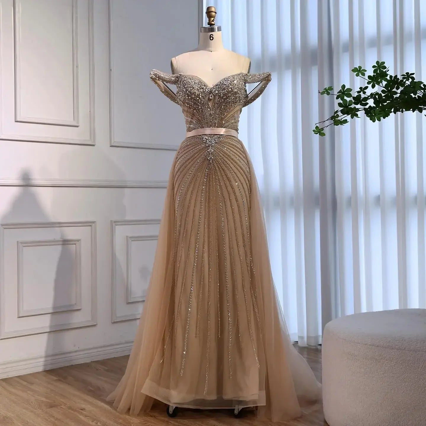 Zapdress 2026 Nude Luxury Beaded Mermaid Off Shoulder Evening Dress Formal Party Gowns for Women Customized (ZD17260)