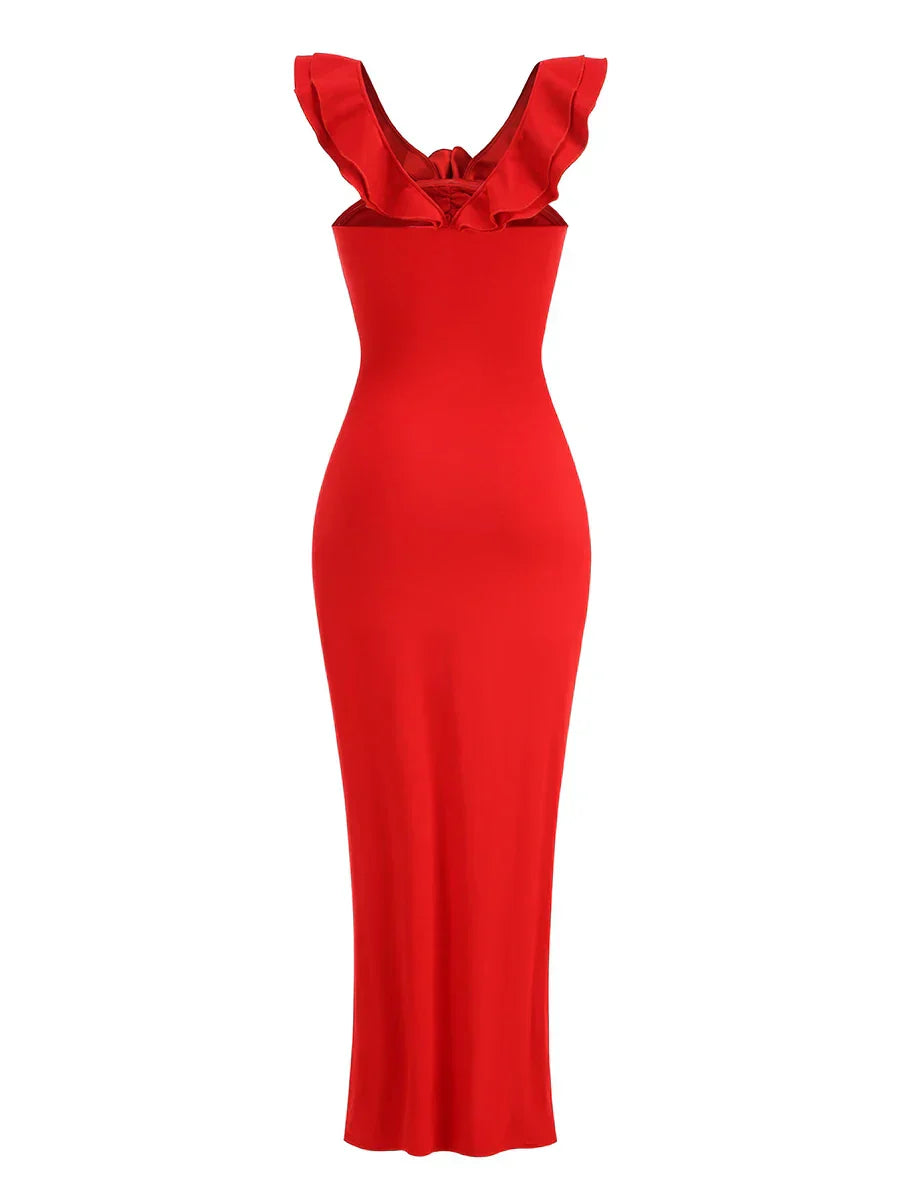 Red Flower Ruffles Strap Maxi Dress