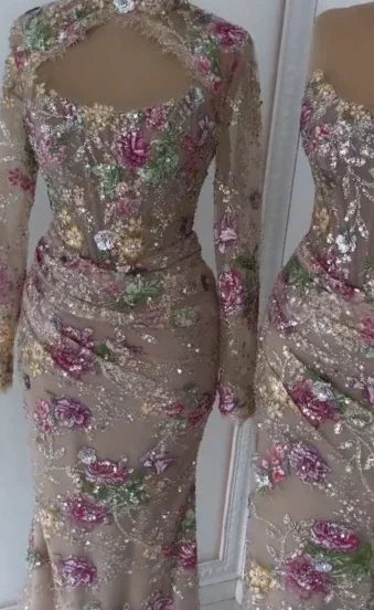 Zapdress Mermaid Long Sleeves Evening Dress Flower Pattern Formal Wedding Party Gowns for Women 2026 DLA73552F Customized (ZD17291)