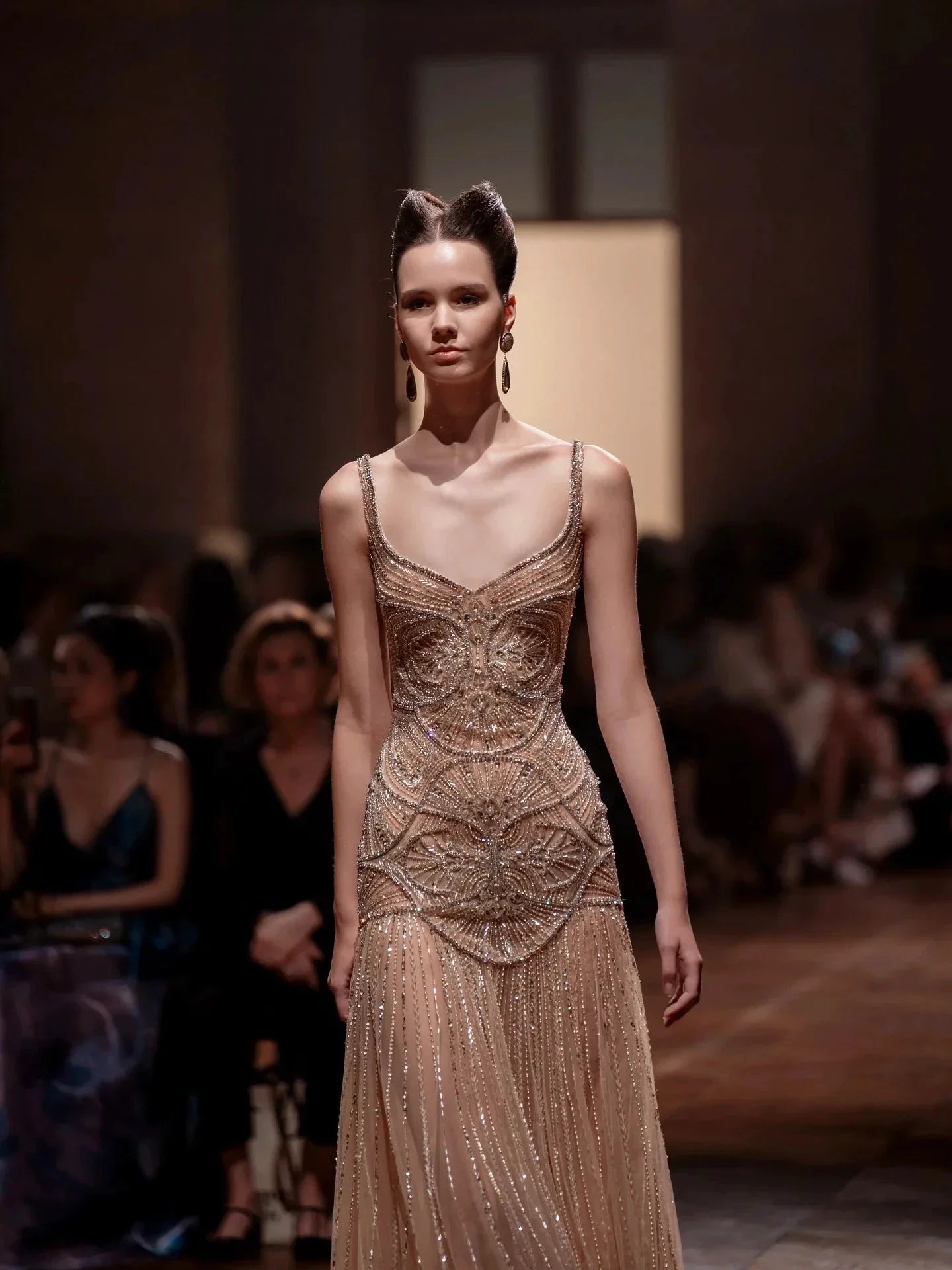 Champagne Beaded Mermaid Evening Dress Luxury Saudi Wedding Gown Customized (ZD17070)