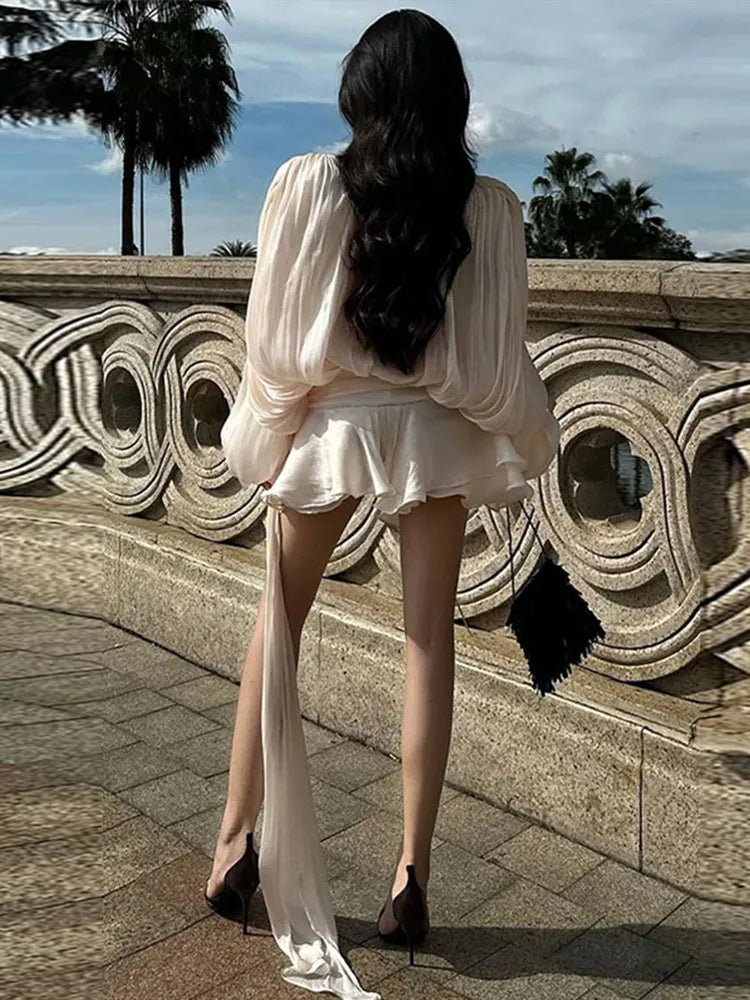 Elegant V - Neck Lace - Up Summer Style Mini Dress