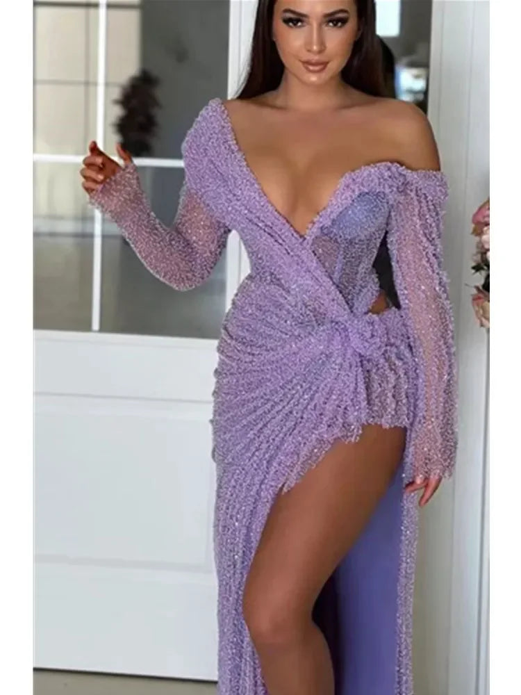Off - Shoulder Long Sleeve Asymmetric Mesh Dress