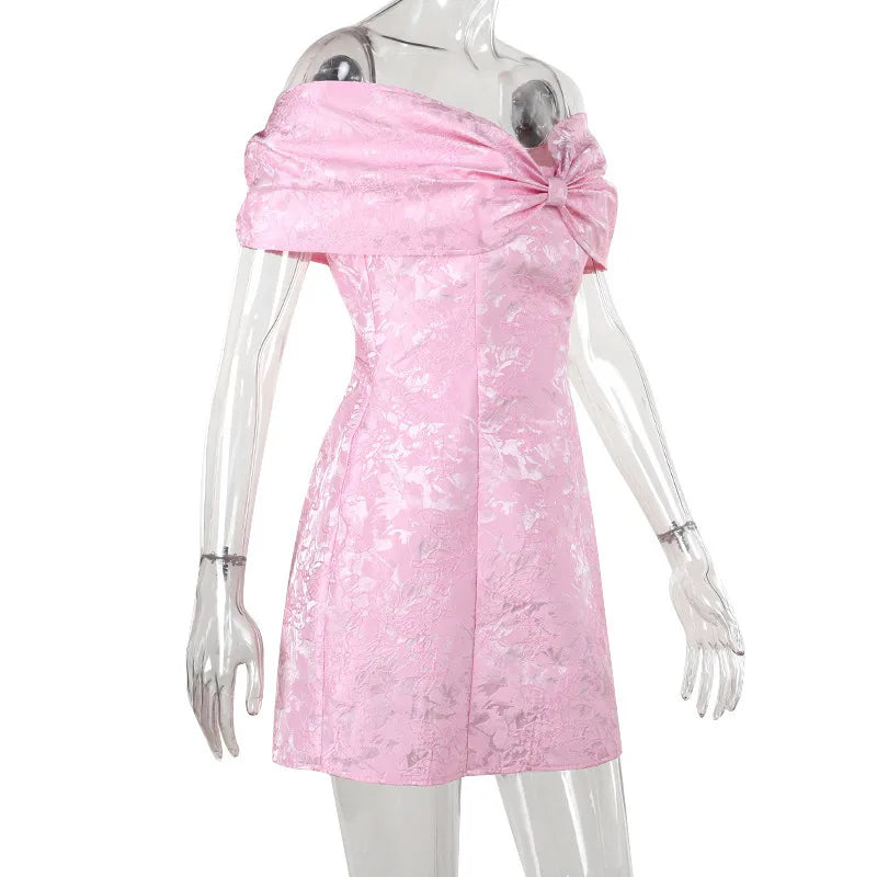 Bow Off Shoulder Backless A - line Jacquard Party Dress