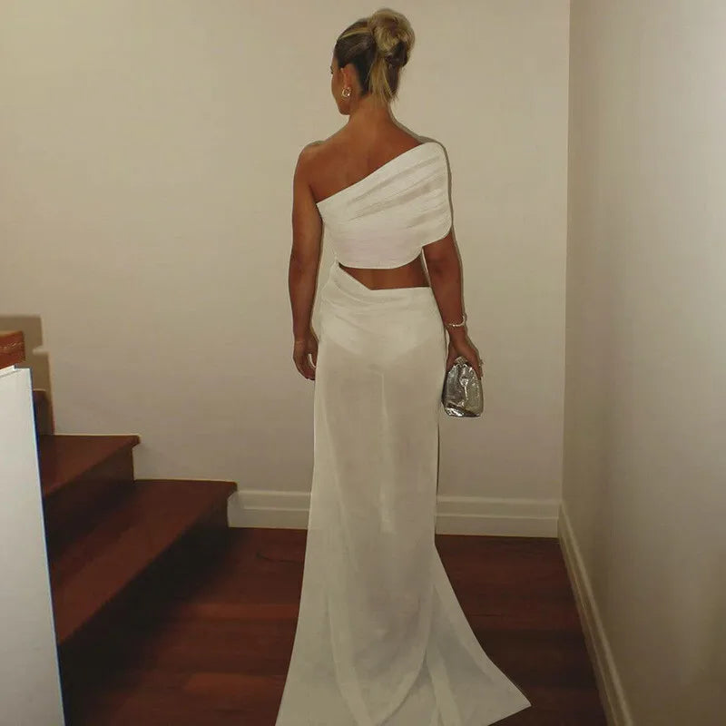 Mesh Backless One - Shoulder Long Dress