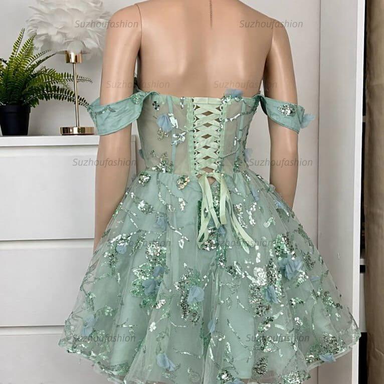 Sage Green Off-Shoulder Corset Mini Homecoming Dress 3D Flowers & Gold Sequin Tulle