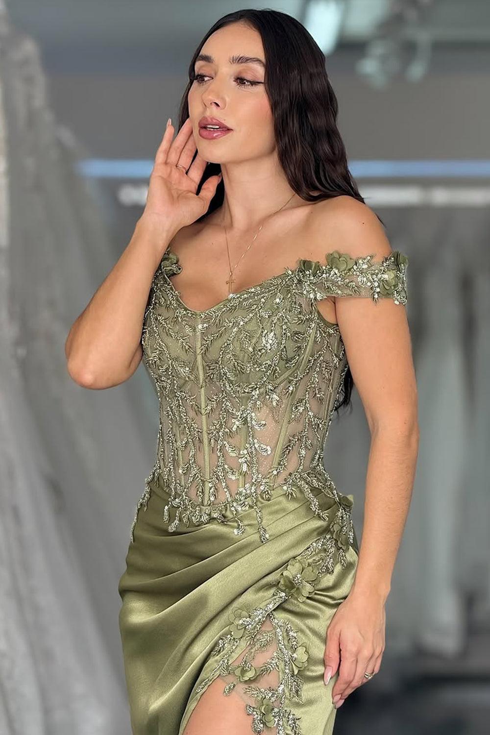 Suzhoufashion Sage Green Off-Shoulder Embellished Corset Prom Dress With High Slit Formal Evening Gown