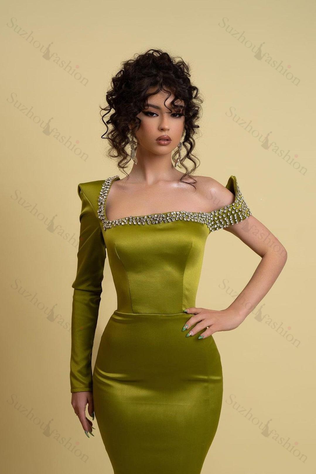 Sage Green Prom Dress Long Sleeve One Shoulder Mermaid Evening Formal Dress With Split