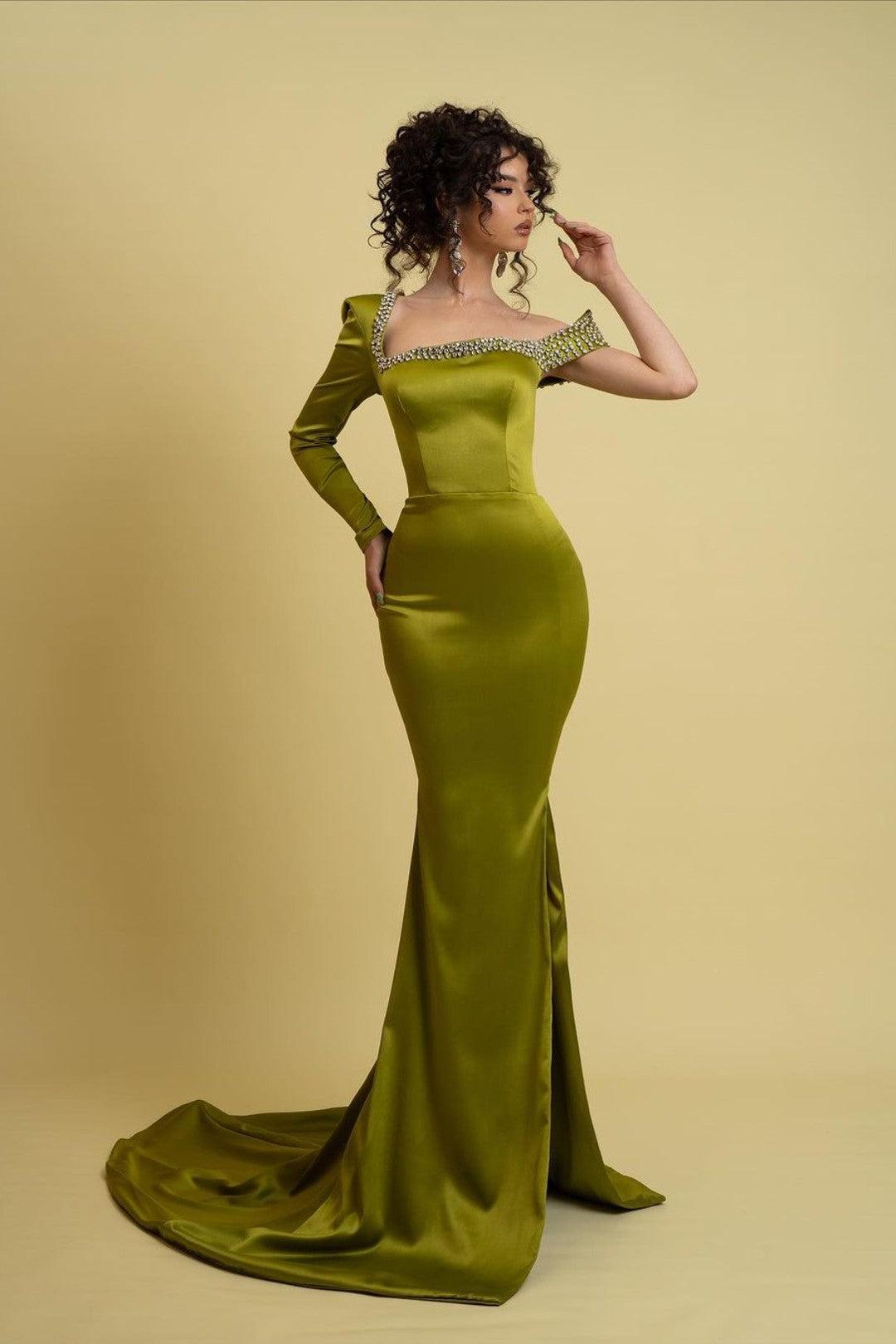 Sage Green Prom Dress Long Sleeve One Shoulder Mermaid Evening Formal Dress With Split