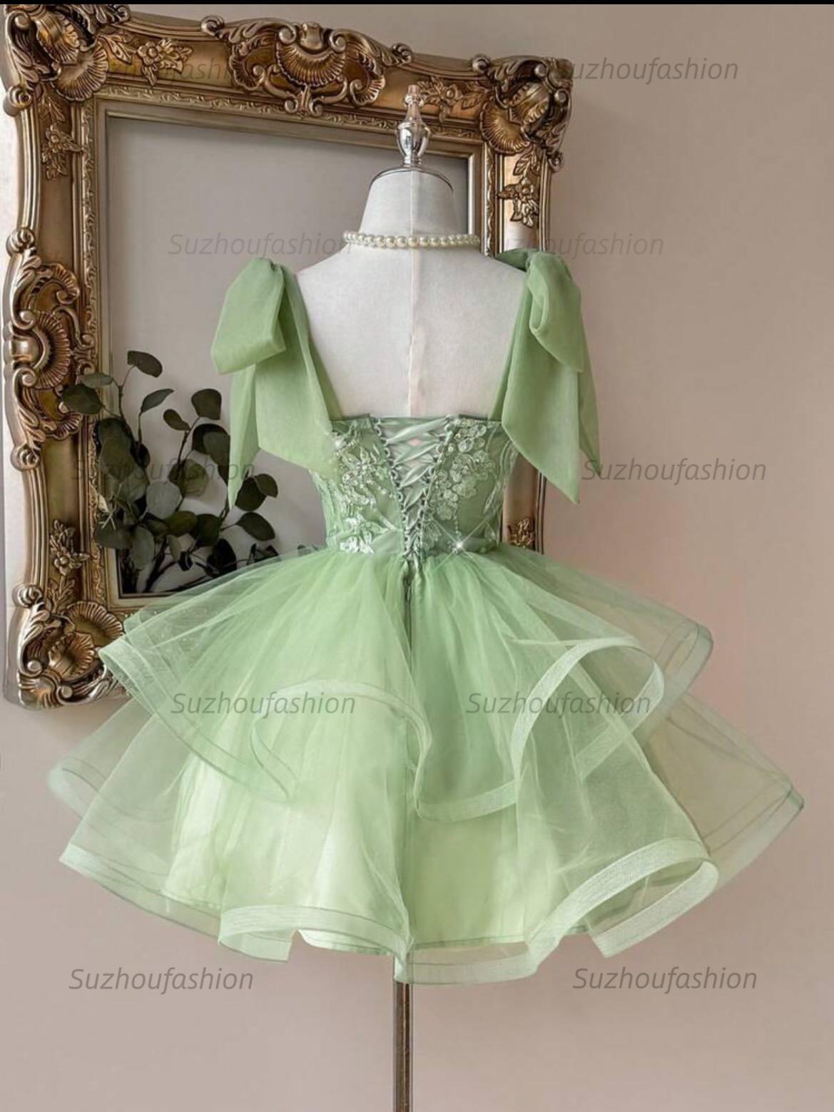 Sage Green Sweetheart Lace Corset Mini Homecoming Dress Bow Straps & Tiered Tulle