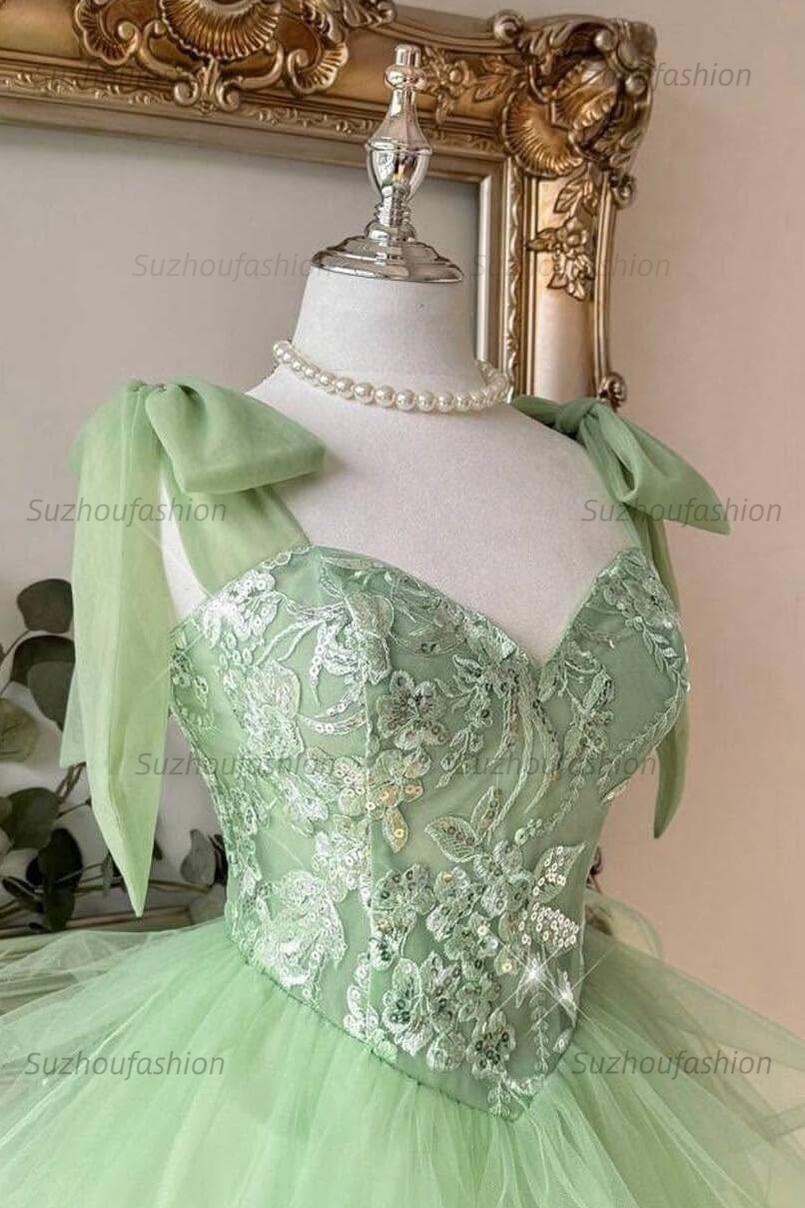 Sage Green Sweetheart Lace Corset Mini Homecoming Dress Bow Straps & Tiered Tulle