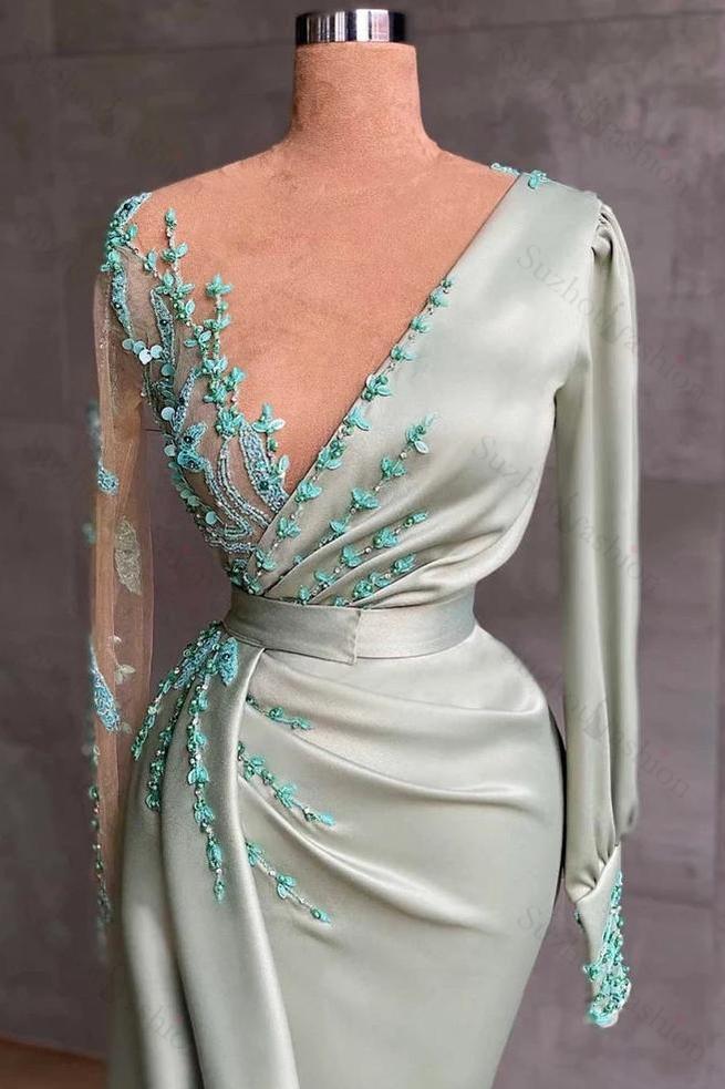 Sage Prom Dress Mermaid Appliques Evening Formal Dress With Long Sleeves