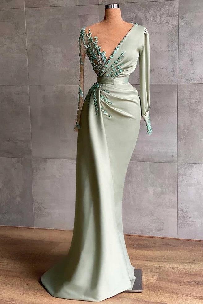 Sage Prom Dress Mermaid Appliques Evening Formal Dress With Long Sleeves