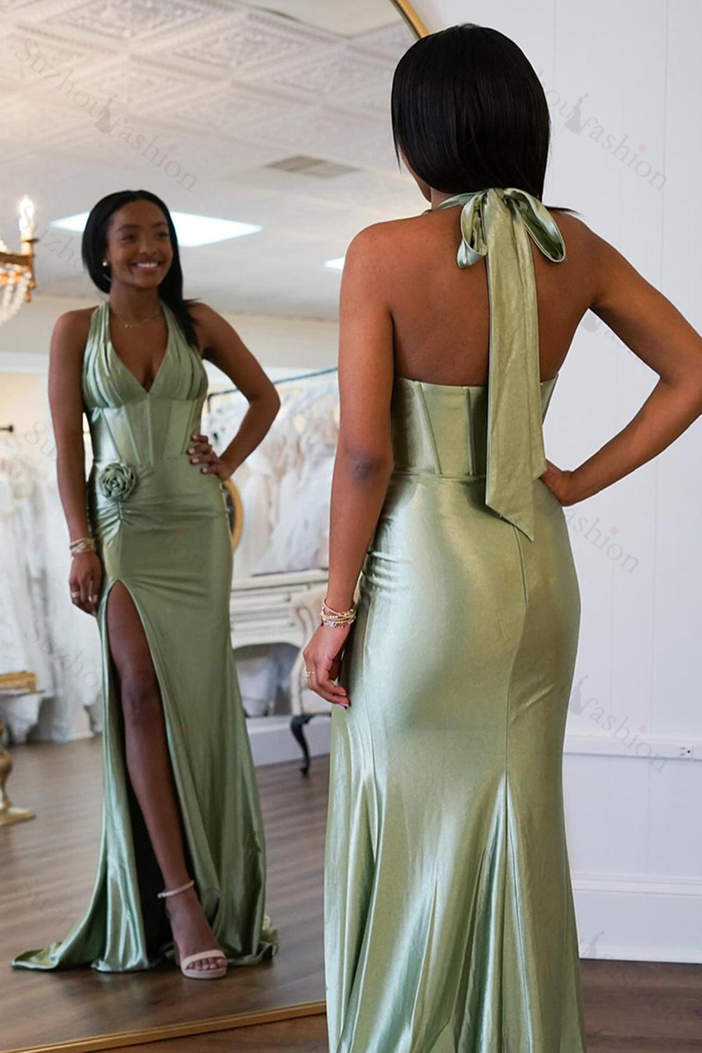 Sage Prom Dress Mermaid Satin Corset Long Formal Dress With Slit