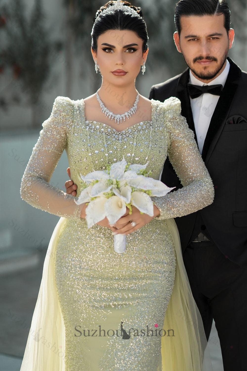 Sage Prom Dress Mermaid Square Sleeves Sequined Panel Train Tulle Formal Dress With Rhinestones