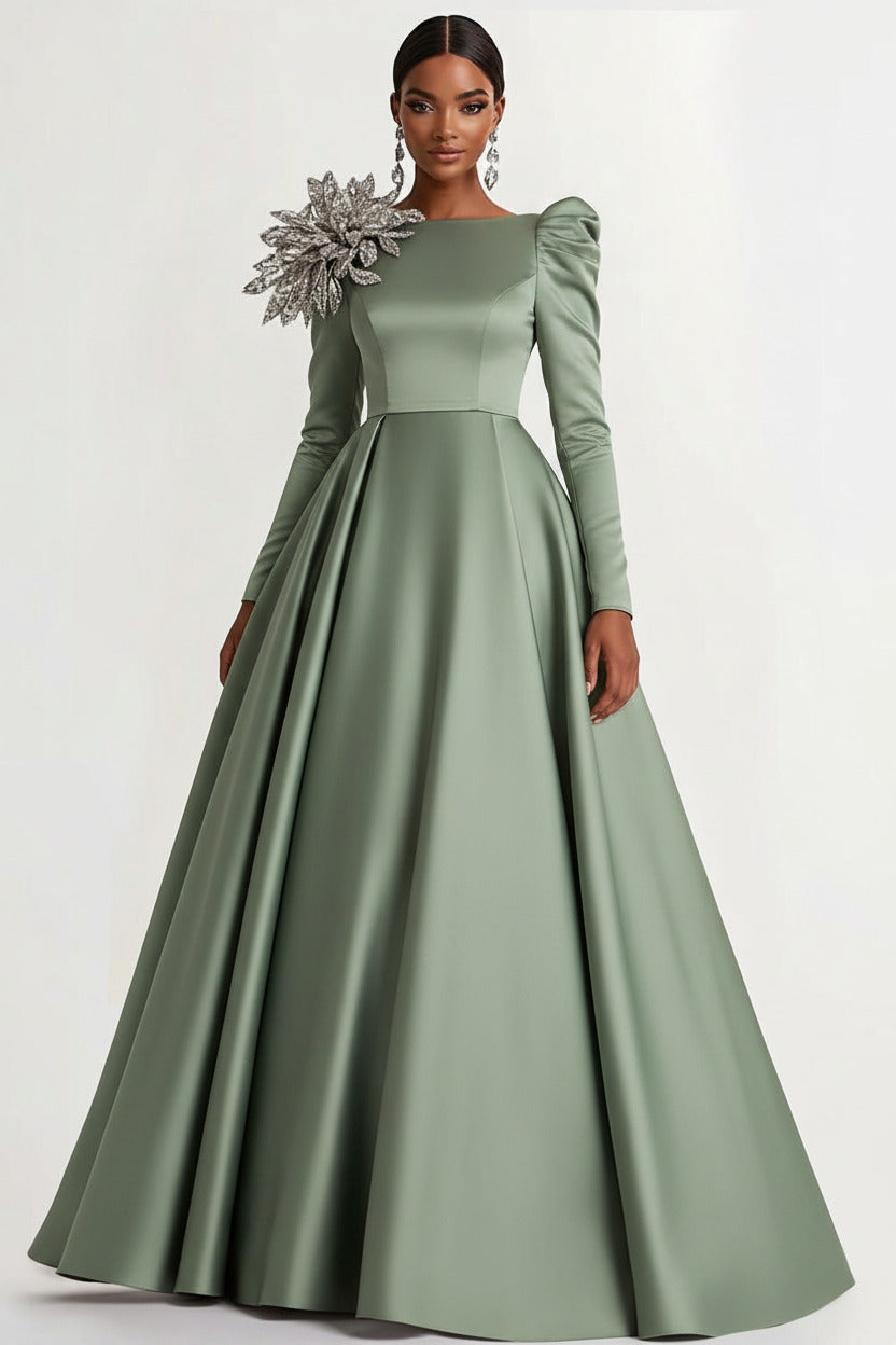 A-Line Long Black Wedding Guest Dress Satin Boat Neck Formal Dress With Long Sleeves