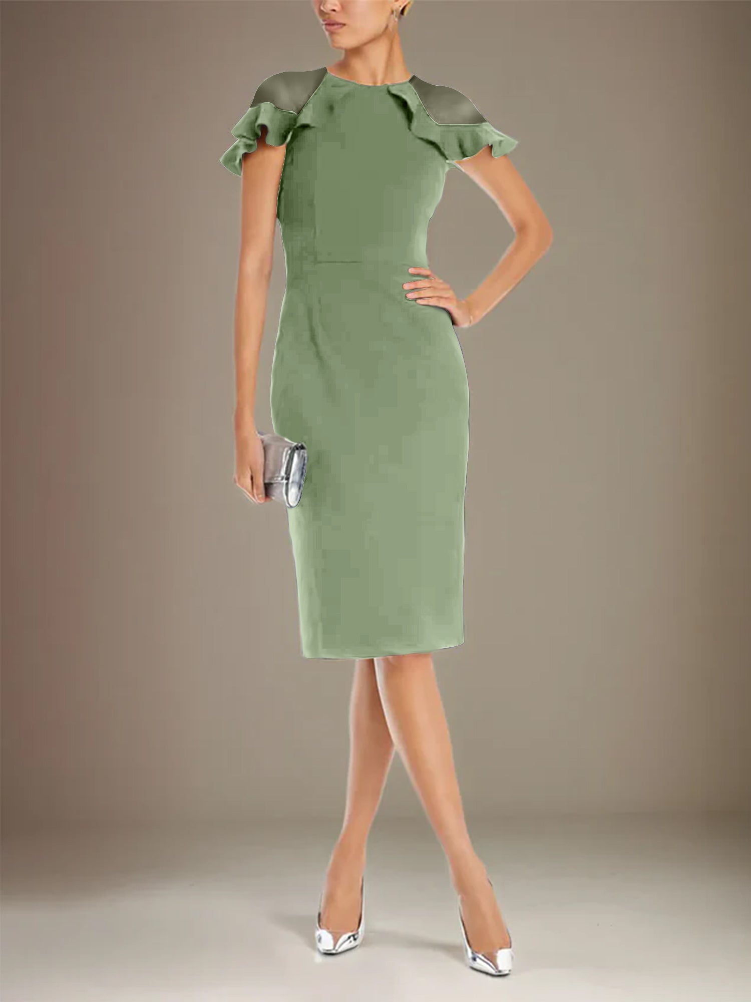 Sheath/Column Stretch Crepe Scoop Short Sleeves Knee Length Dress