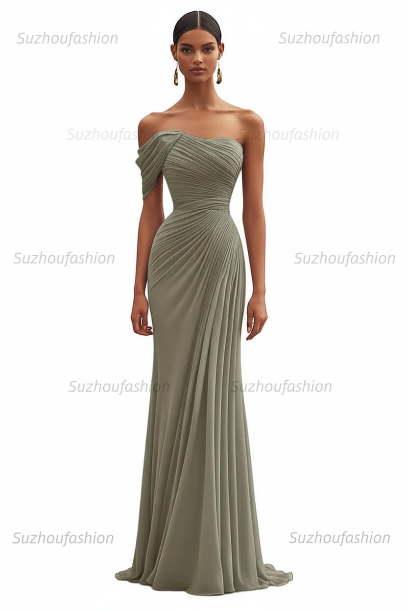 One Shoulder Ruched Mermaid Dark Green Wedding Guest Dress Long Formal Dress