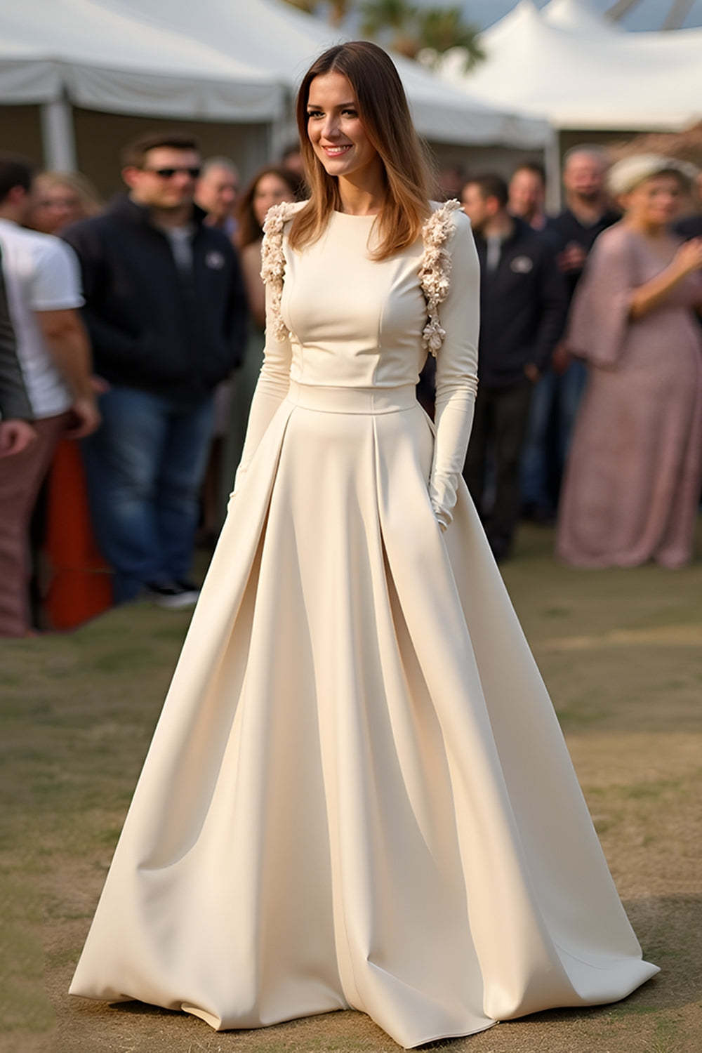 Satin A Line Apricot Wedding Guest Dress Gala Dress With Long Sleeves