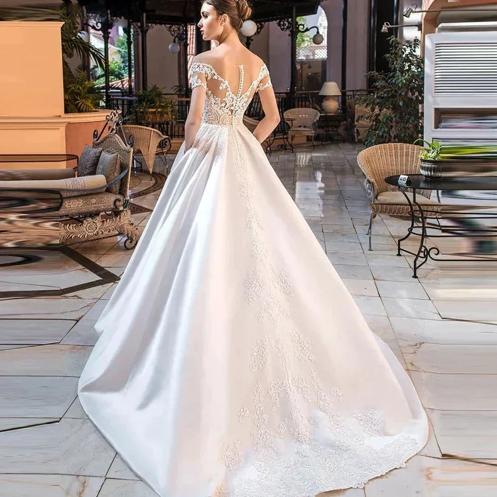 Satin A-Line Decal Wedding Dresses Women's Sweetheart Off Shoulder Button Backless Robe De Marée Lace Bridal Gowns With Pockets (ZD14173)