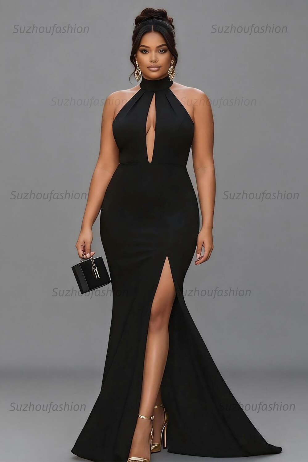 Satin Black Wedding Guest Dress Mermaid Halter Neck Formal Dress