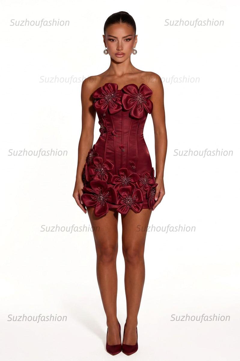 Satin Bodycon Mini Homecoming Dress with 3D Flowers