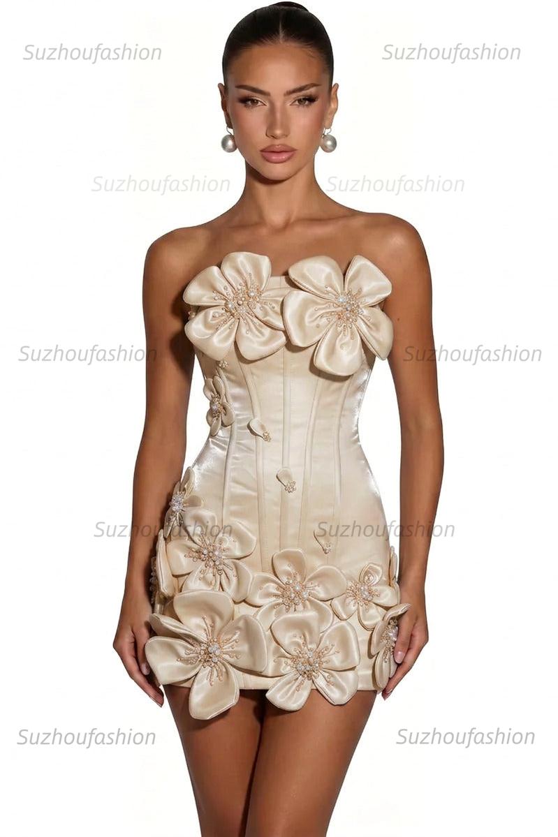 Satin Bodycon Mini Homecoming Dress with 3D Flowers