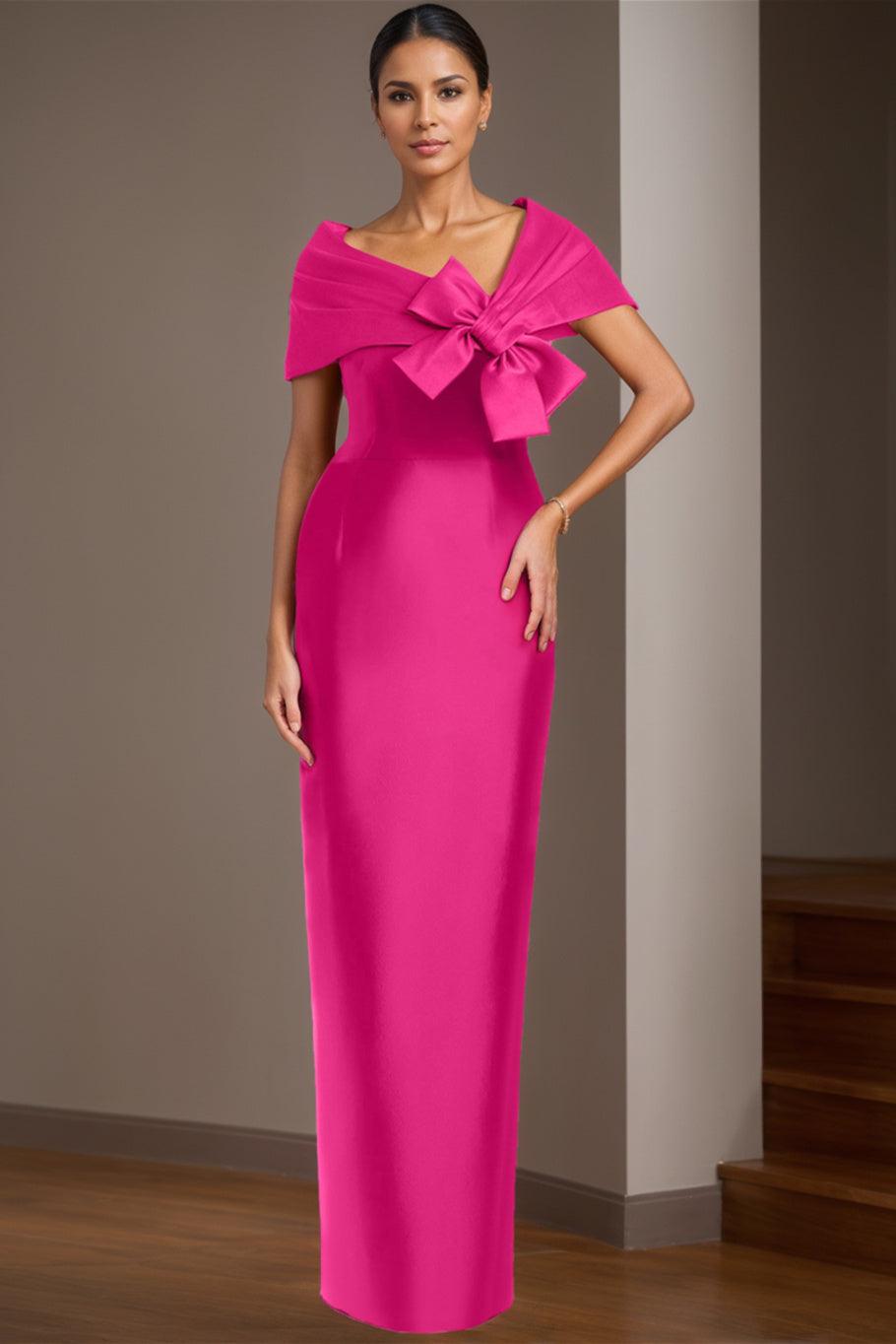 Satin Long Sleeveless Asymmetrical Bow(s) Mother of the Bride Sheath Column Dress