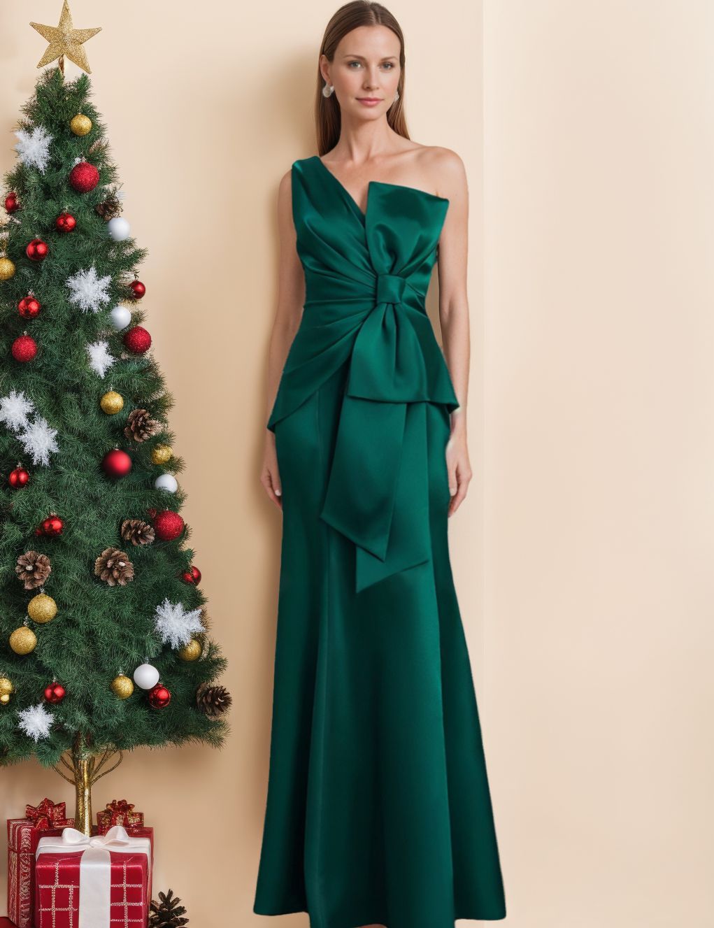 Satin Long Sleeveless One Shoulder Bow Gown for the Mother of the Bride