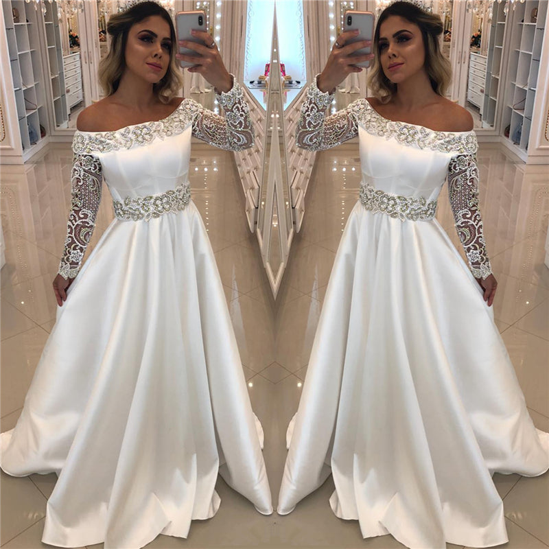 Satin Long Sleeve Wedding Dresses Online | Off The Shoulder Sexy Beading Appliques Bridal Gowns