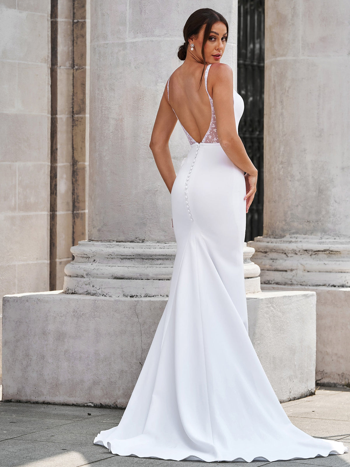 Satin Mermaid Wedding Dress with V-Neck and Lace Appliques
