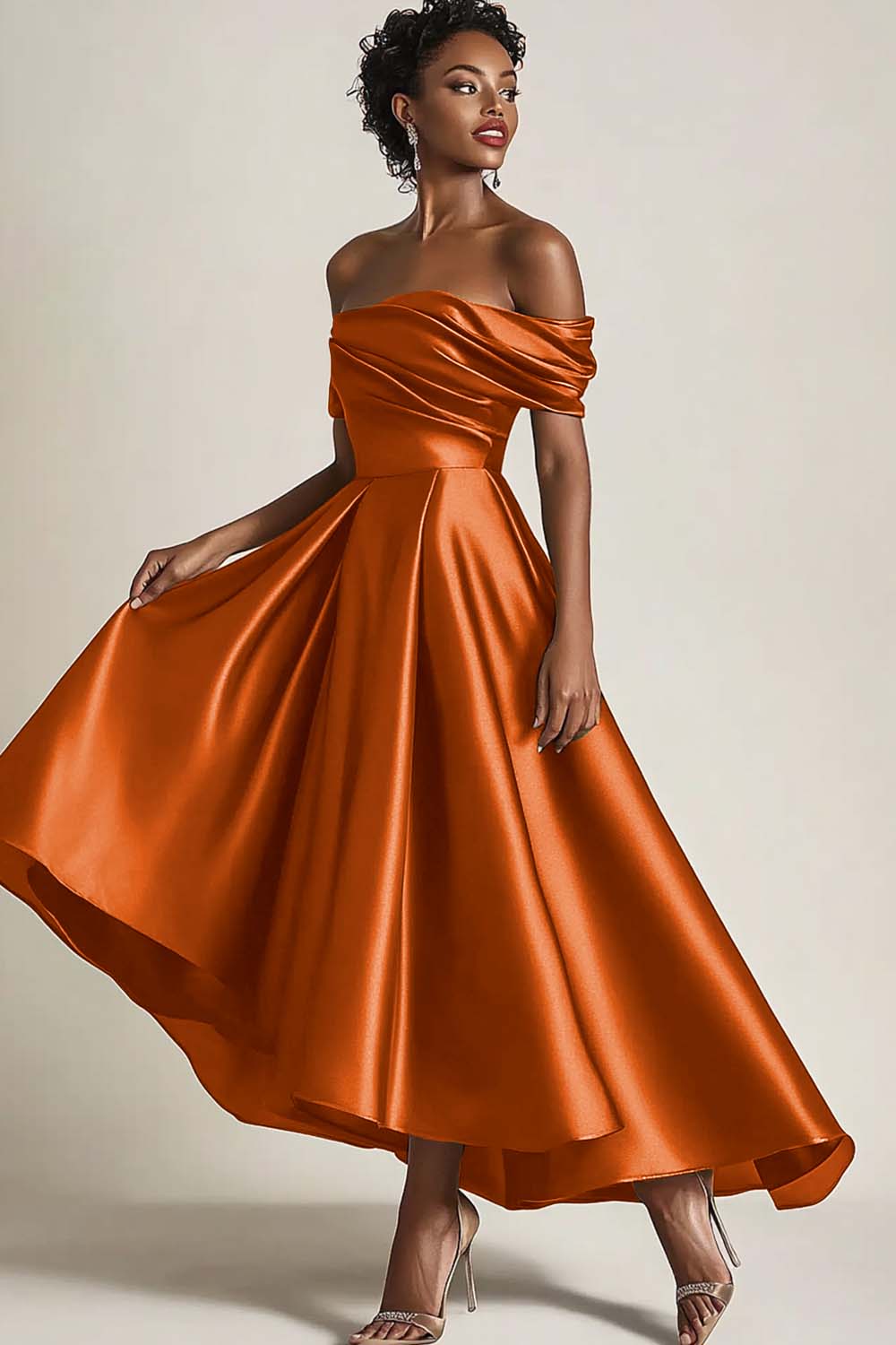 Satin Olive Wedding Guest Dress A-Line Off The Shoulder Ruched Ankle Length Formal Dress