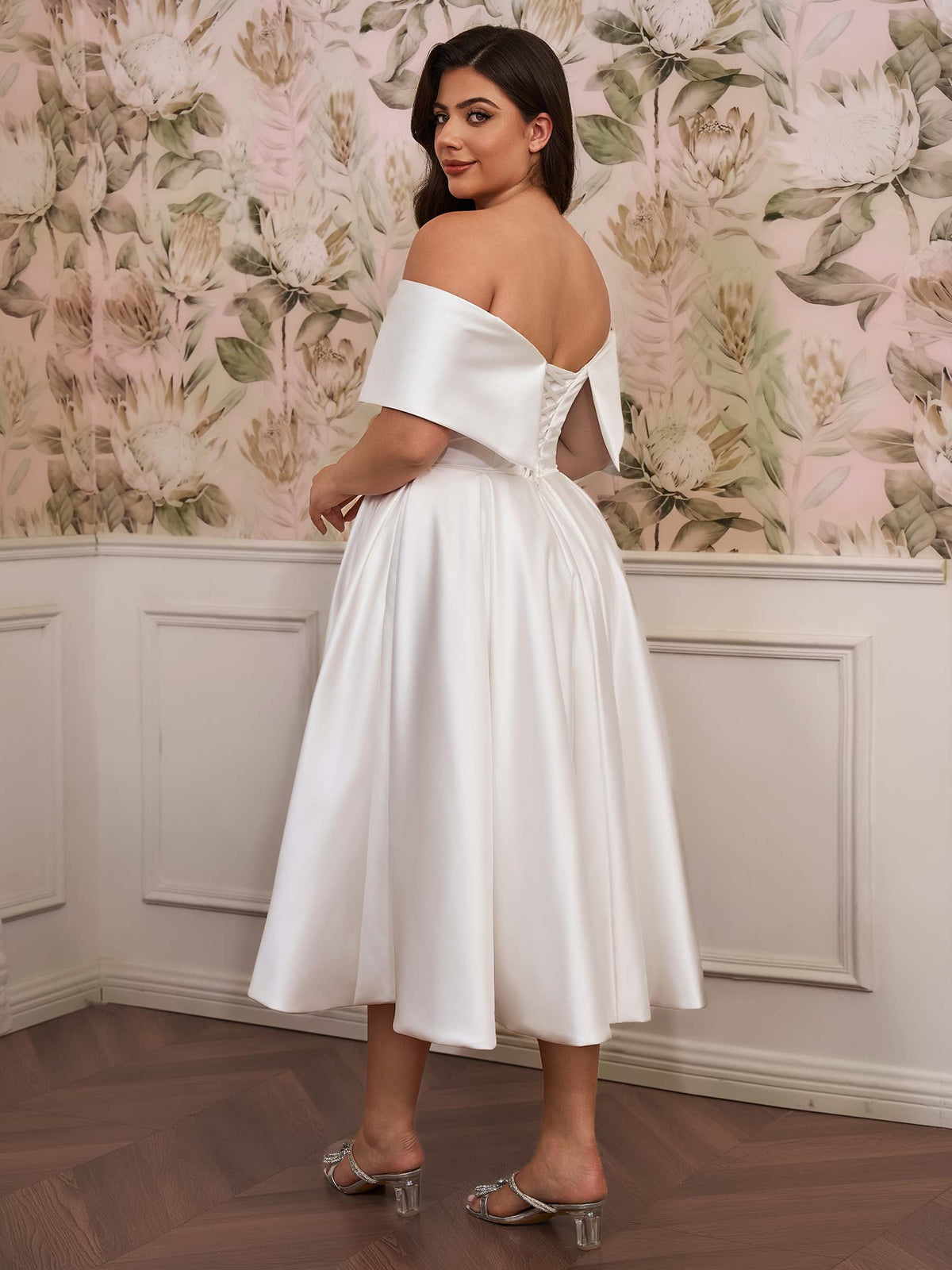 Satin Plus Size A-Line Wedding Dress with Off-the-Shoulder Cap Sleeves