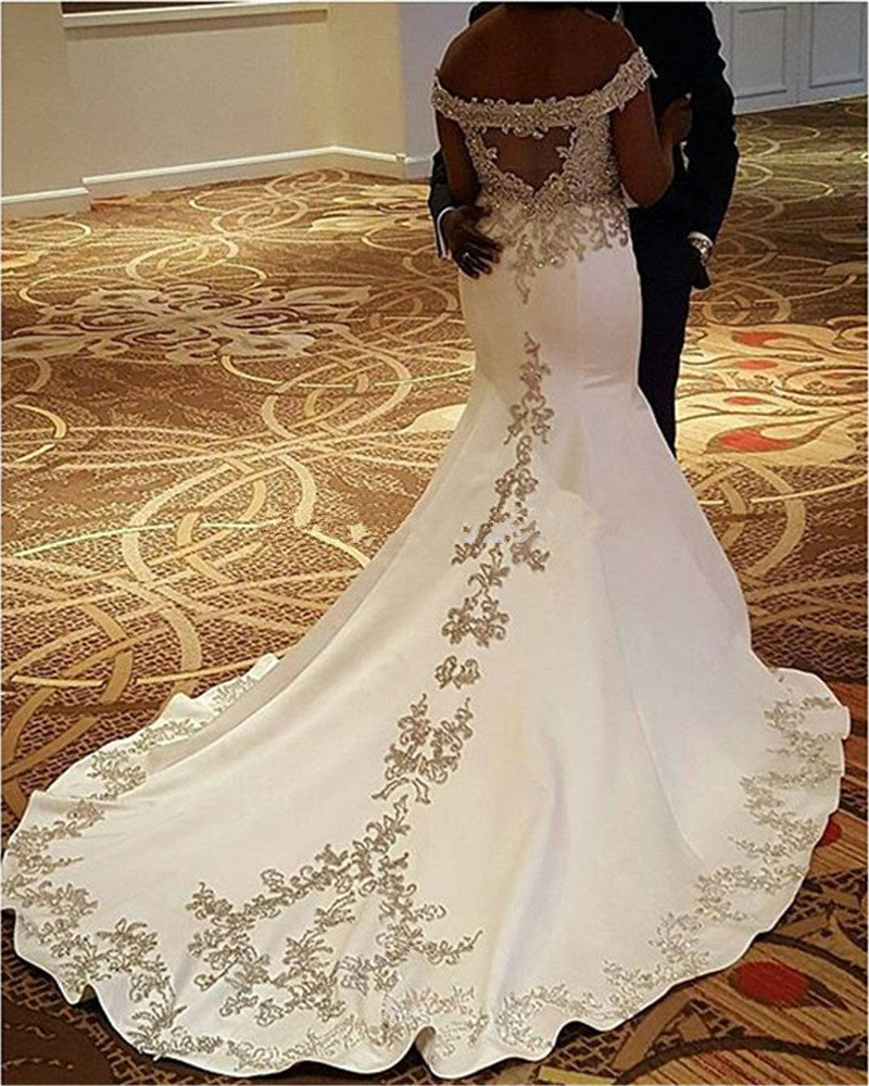Satin Sexy Off-the-Shoulder Mermaid Lace Court-Train Wedding Dresses