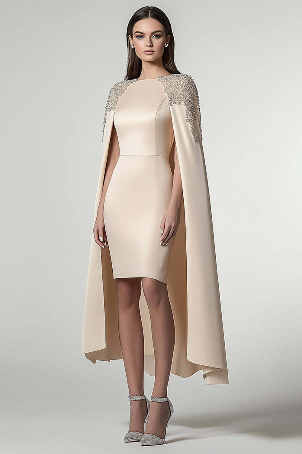 Satin Sheath Champagne Wedding Guest Dress Knee-Length Formal Dress With Shawl