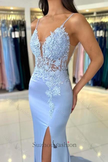 Satin Spaghetti Straps Prom Dress Sleeveless Formal Dress With Appliques Split