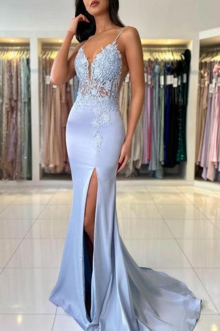 Satin Spaghetti Straps Prom Dress Sleeveless Formal Dress With Appliques Split