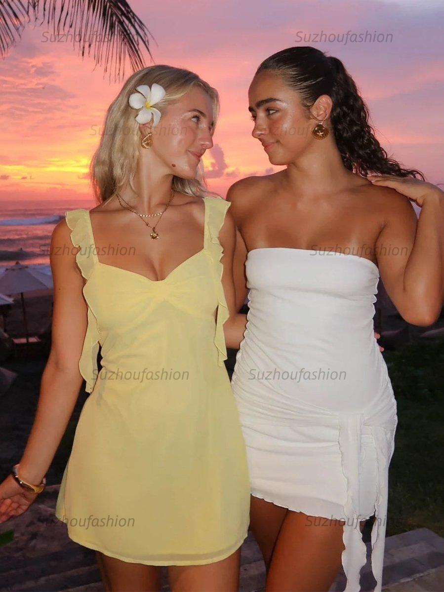 Suzhoufashion Satin V Neck Homecoming Dresses Mini Cocktail Dress with Ruffles