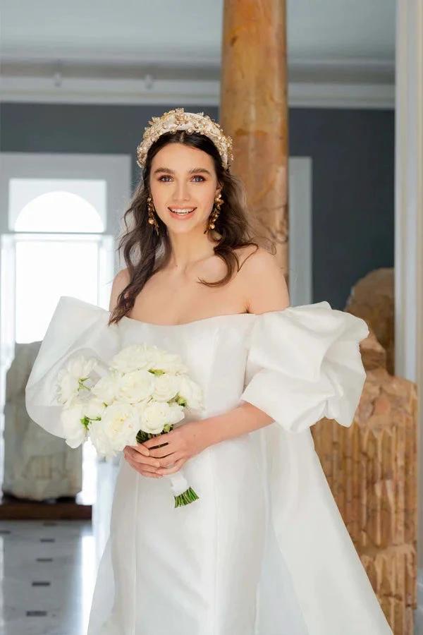 Satin Mermaid Off Shoulder Puff Sleeves Wedding Dress (ZD16071)
