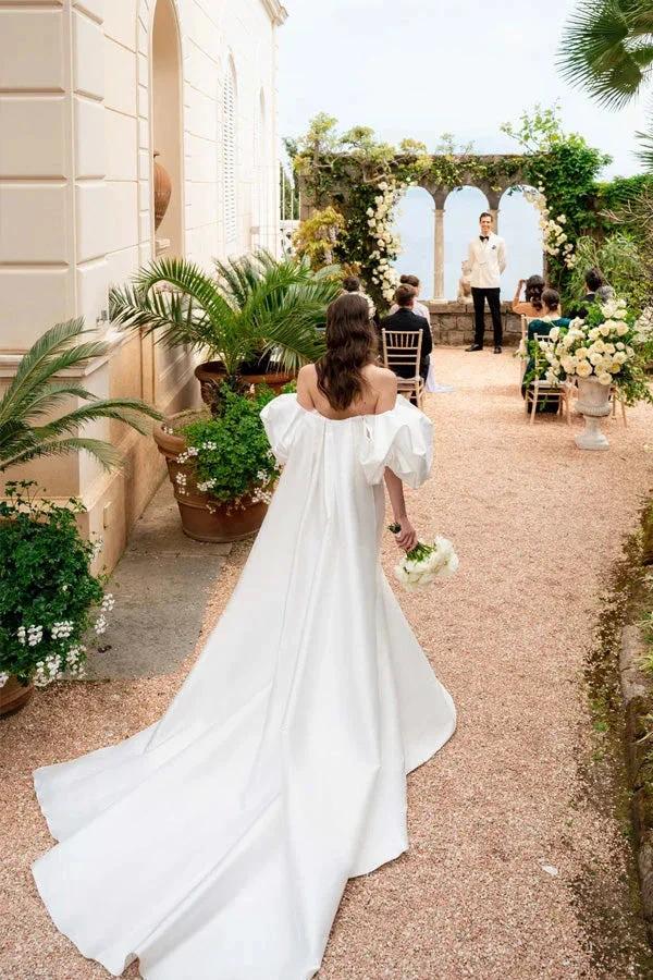Satin Mermaid Off Shoulder Puff Sleeves Wedding Dress (ZD16071)