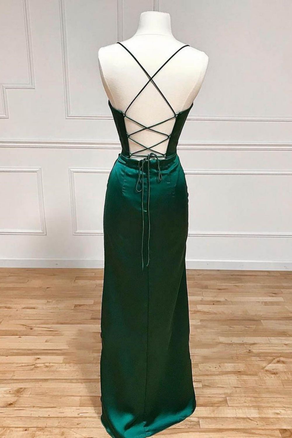 Satin Mermaid Spaghetti Straps Lace Up Dark Green Long Prom Dress With Split - View 4 | VelvetHem