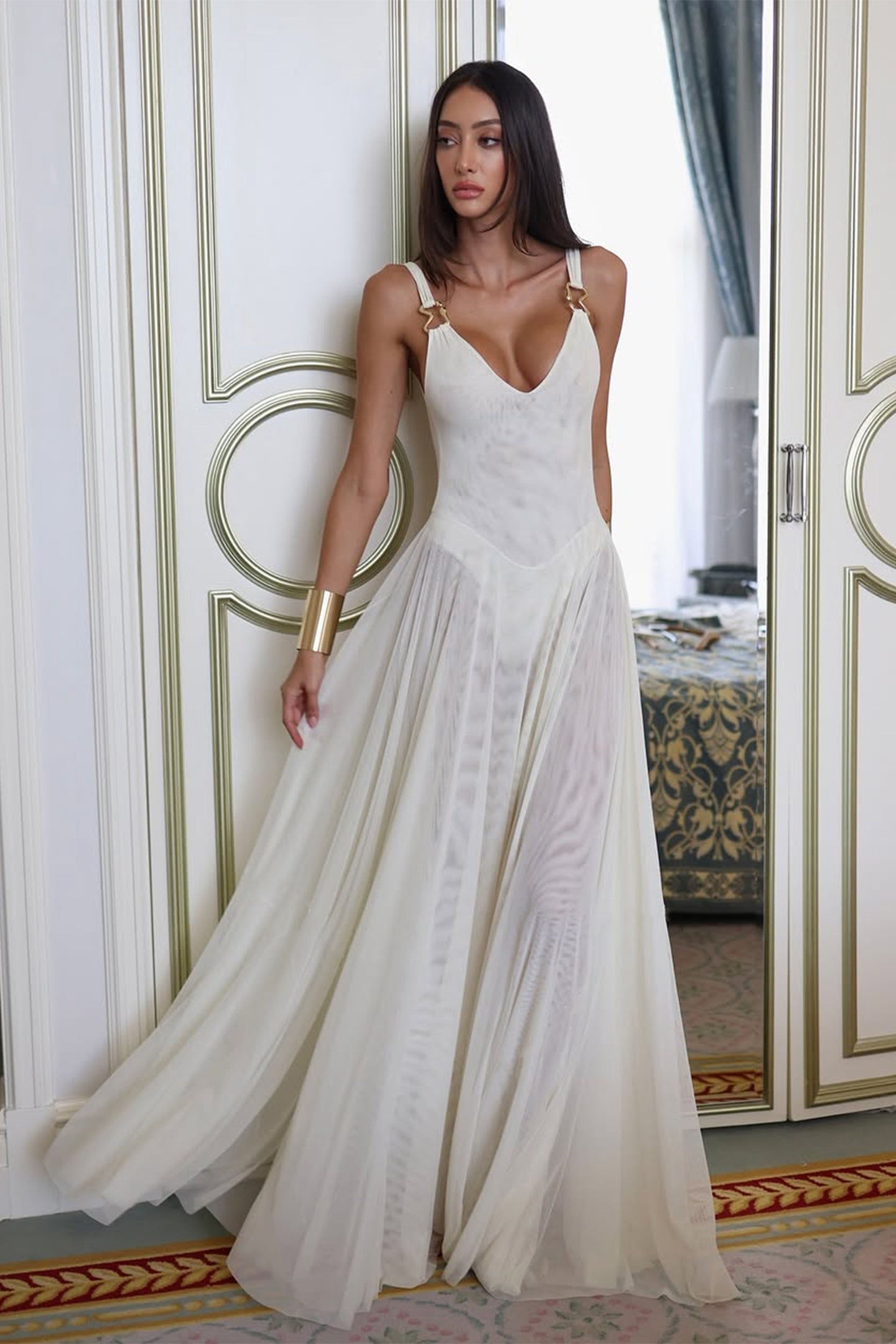 Julie Plunge Neck Semi sheer Mesh Maxi Dress