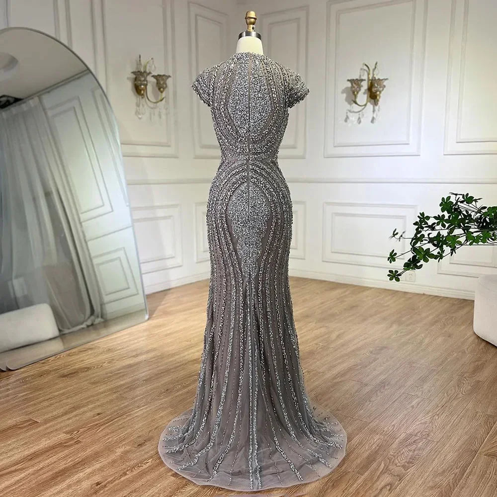 Zapdress Gray Nude Cap Sleeves Mermaid Beaded Luxury Evening Dresses Formal Party Gowns for Women DLA72344 Customized (ZD17204)