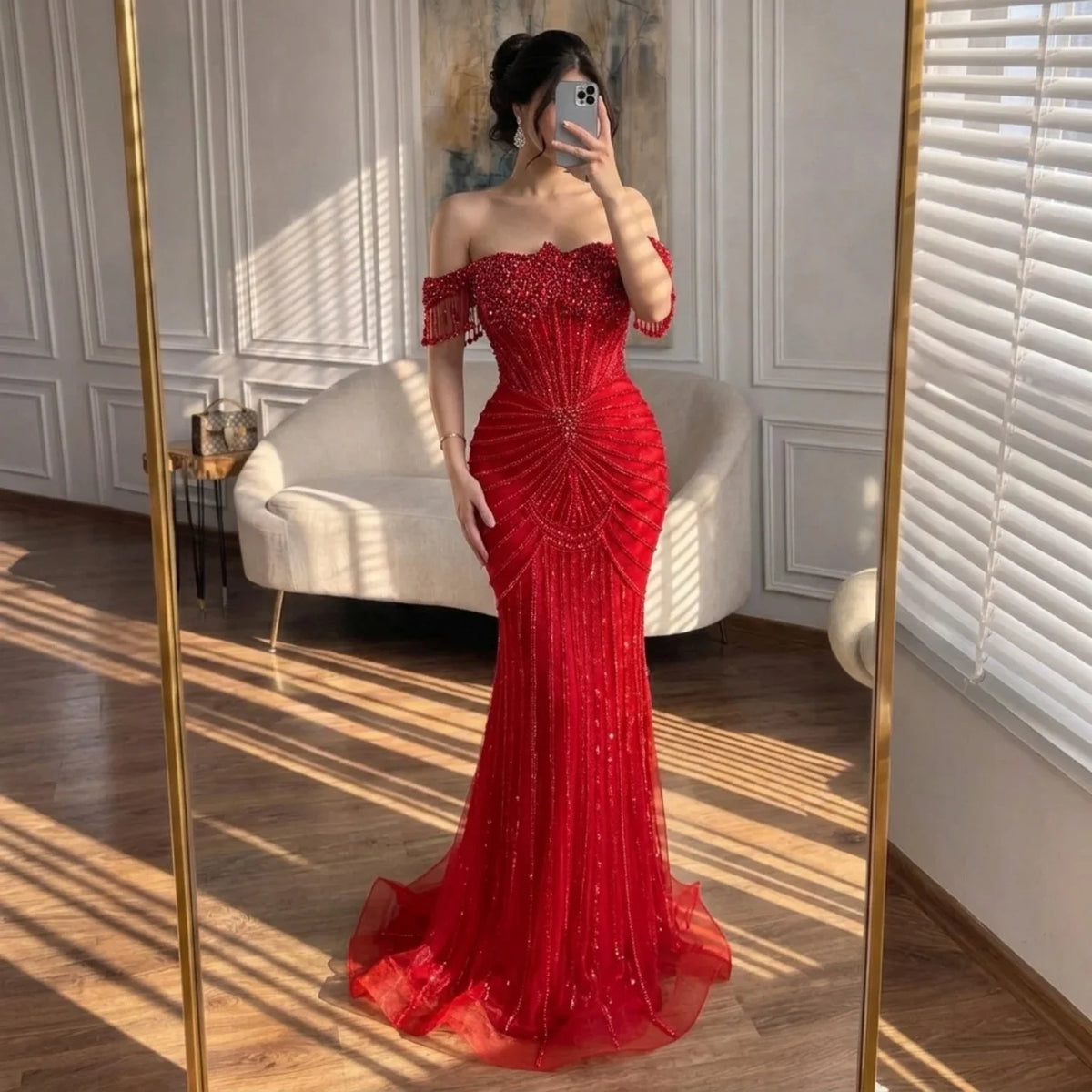 Zapdress Red Mermaid Beaded Pearl Off-Shoulder Evening Gown 2026 High End Couture Party Dress for Women Customized DLA73148A (ZD17309)
