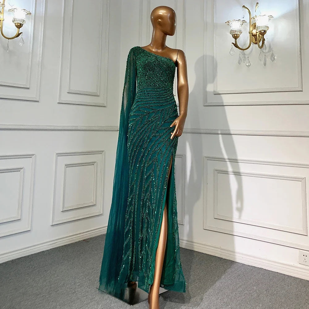 Zapdress Customized Gold Mermaid Beaded One Shoulder Cape Sleeve Evening Dresses Split Elegant Party Gowns For Women (ZD17236)