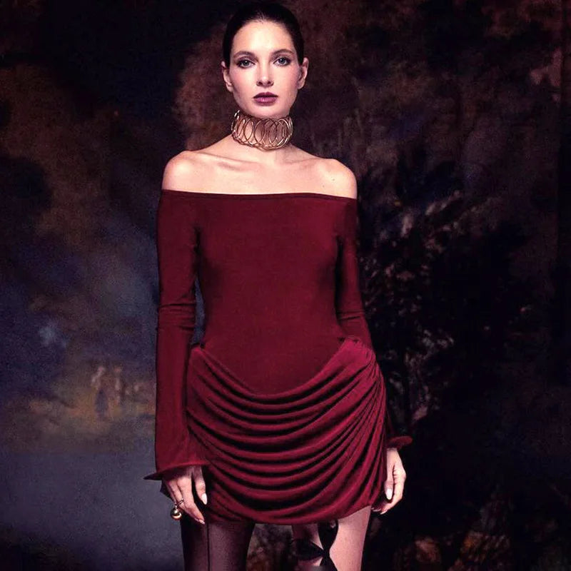 Pleated Off - Shoulder Long Sleeve Mini Dress