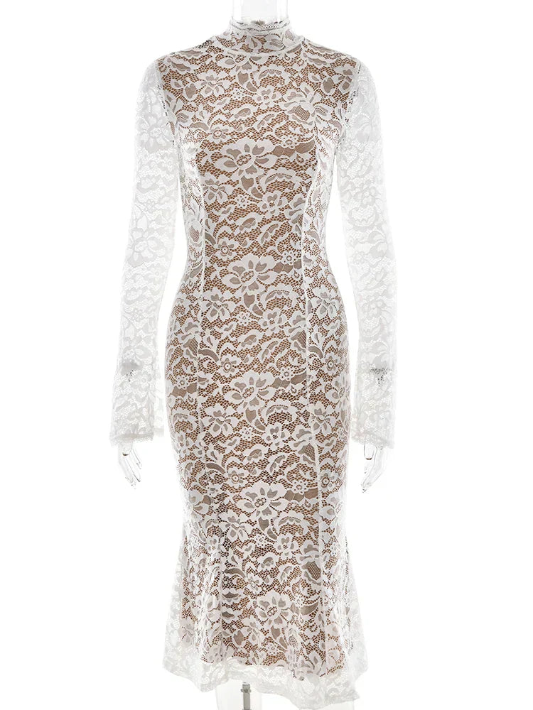 Lace White Long Sleeve Turtleneck Dress