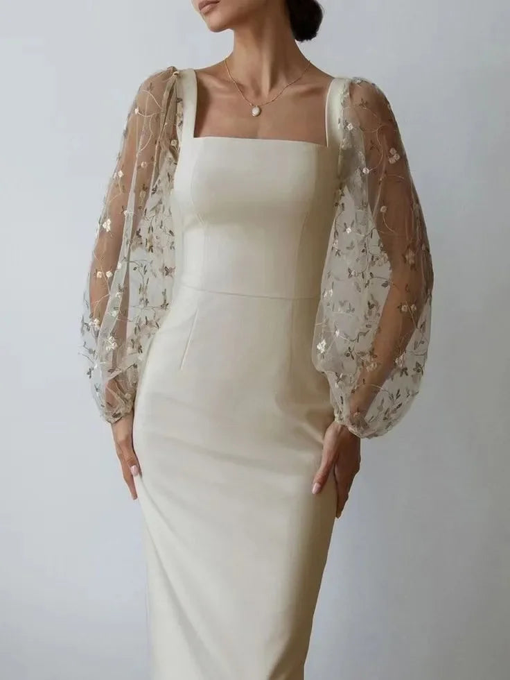 Isabella Boutique Evening and Party Dress with Square Neckline and Long Sleeves Premium Wardrobe Essential