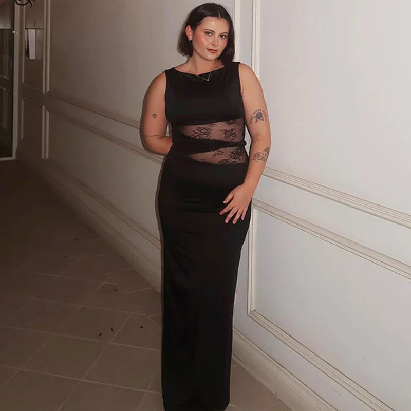 Sheer Lace O Neck Bodycon Long Tank Dress
