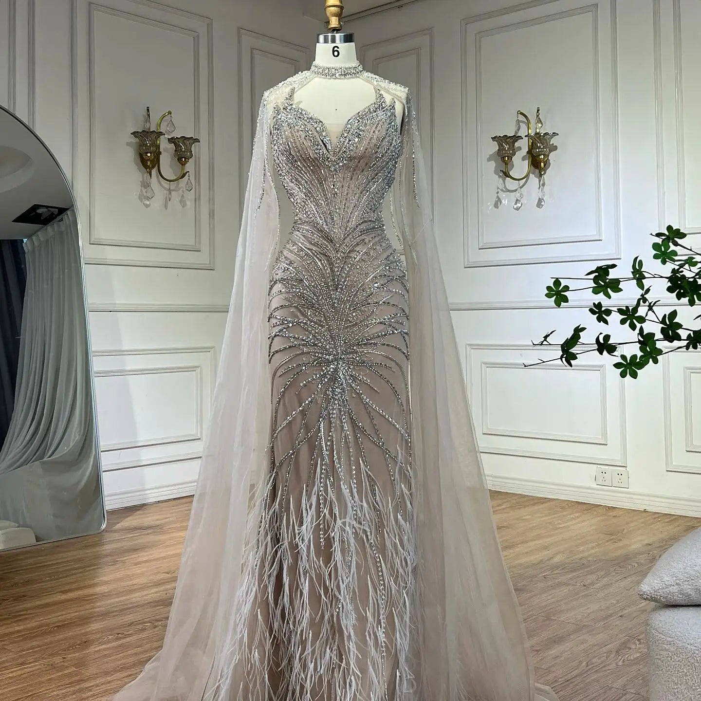 Zapdress White Nude Mermaid Evening Dresses with Cape Beaded Feathers Party Gowns for Formal Occasion Customized (ZD17198)